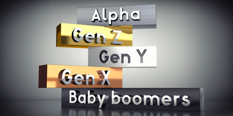 Alpha, Gen Z, Gen Y, Gen X, Baby boomers - 3D illustration