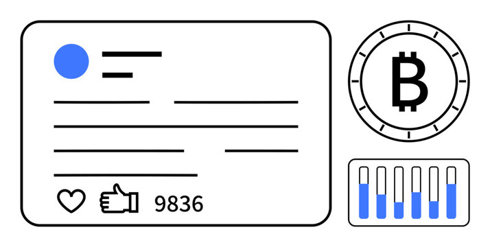 Social media post metrics card with likes and comments icons, Bitcoin symbol, and analytics bar graph. Ideal for social media management, marketing analytics, cryptocurrency trends analysis, digital