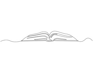 Continuous one line drawing of opened book. One line drawing illustration of book open. Education, idea, school concept single line. Editable outline