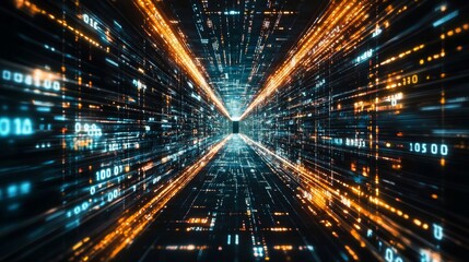 Fototapeta premium Digital tunnel with glowing orange and blue binary code