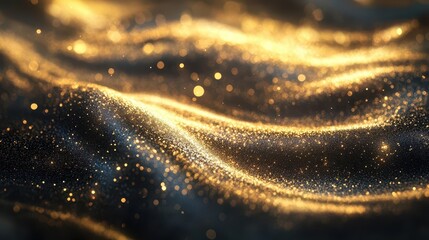 luxurious swirling gold particles dance on a dark backdrop, creating an abstract background that shimmers with elegance and sophistication, perfect for holiday celebrations