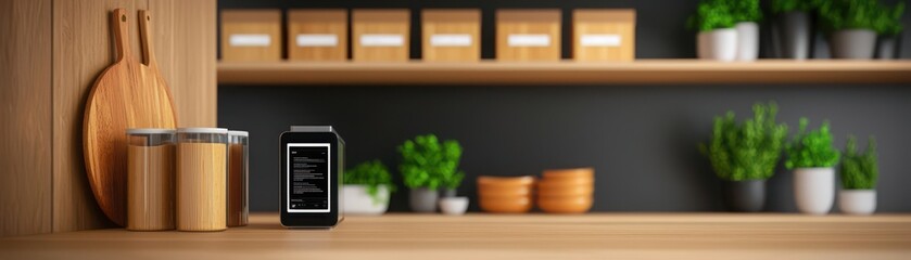 Kitchen shelf with jars, plants, and wooden utensils, creating a cozy atmosphere.