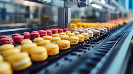 macarons beautifully arranged on a production line in a confectionery factory, showcasing the craftsmanship and vibrant colors of these sweet delicacies