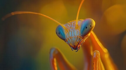 macro image capturing the intricate details of a praying mantis, showcasing its unique features and textures against a softly blurred natural background, emphasizing nature's beauty