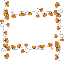 Hand drawn halloween rectangle frame with pumpkins. Jack lantern with lightening on the thread with loops. Hand drawn Halloween flame with ghosts on clothespins. Tag, banner, message, place for text