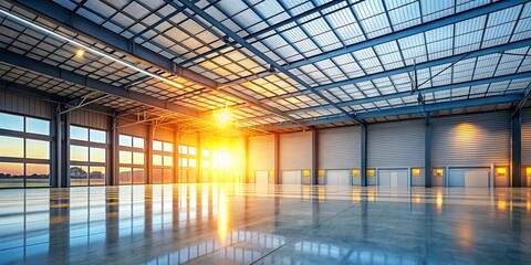 Ultra-Realistic Modern Warehouse Interior at Sunrise - Minimalistic Design and Serene Environment for Stock Photo
