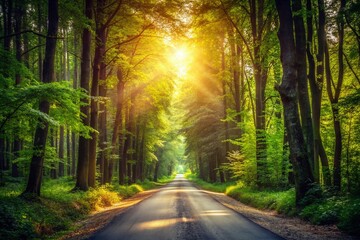 Fototapeta premium Unmanned Forest Road with Bokeh Effect – Nature Adventure in a Lush Landscape