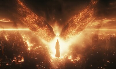 Silhouetted figure with fiery wings over burning city.