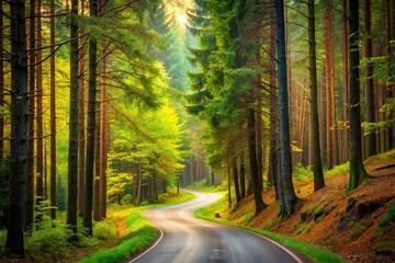 Obraz premium scenic forest landscape with curving road, tilted angle