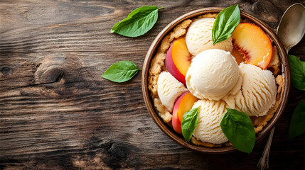 Delicious ice cream served with fresh peaches and basil on a rustic wooden table.