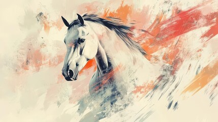 hand-drawn abstract horse art illustration featuring expressive paint spots and brush strokes. the modern art style captures the beauty and spirit of the horse in a unique and creative way