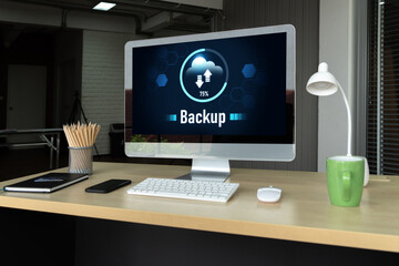 Fototapeta premium Backup Storage Data Internet Technology Business concept. Database storage cloud technology file data transfer sharing, cyber, big data information, internet banking application download upload snugly