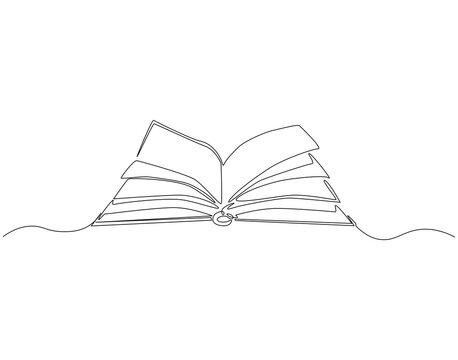 Continuous one line drawing of opened book. One line drawing illustration of book open. Education, idea, school concept single line. Editable outline