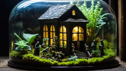 A spooky terrarium featuring a haunted house surrounded by moss and plants, with a glowing interior and eerie ghost figure outside.
