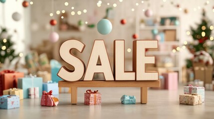 3D "SALE" letters made of wood with festive lighting