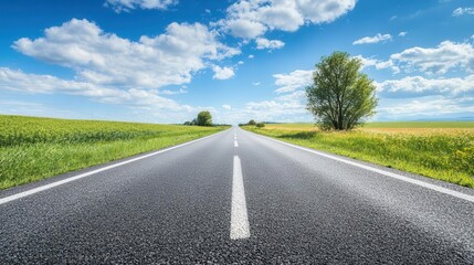 horizon road stretching infinitely under a vibrant sky, representing the allure of a vacation trip, with a scenic backdrop inviting exploration and adventure