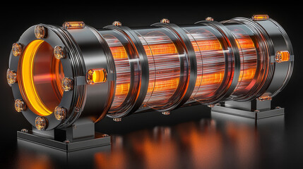 Obraz premium Futuristic energy device with glowing elements and transparent tubes, showcasing light waves and intricate design. Perfect for sci fi themes and technology concepts