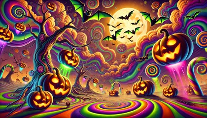 A vibrant, psychedelic Halloween scene with glowing jack-o'-lanterns floating in the air and scattered across the swirling, colorful ground. 