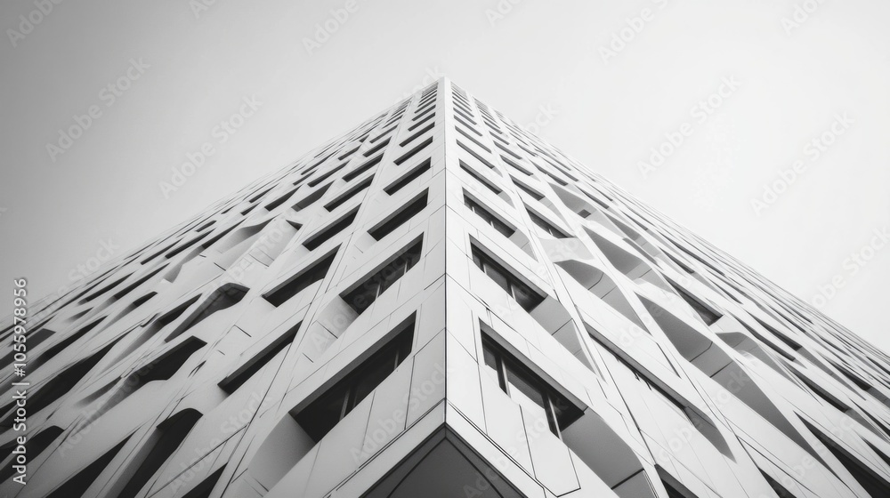 Poster a tall building with a white facade and a black and white color scheme