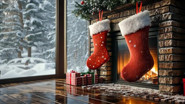Mockup of a blank holiday stocking hanging by a fireplace, with snow-covered trees visible through the window, perfect for winter decoration designs. . Video