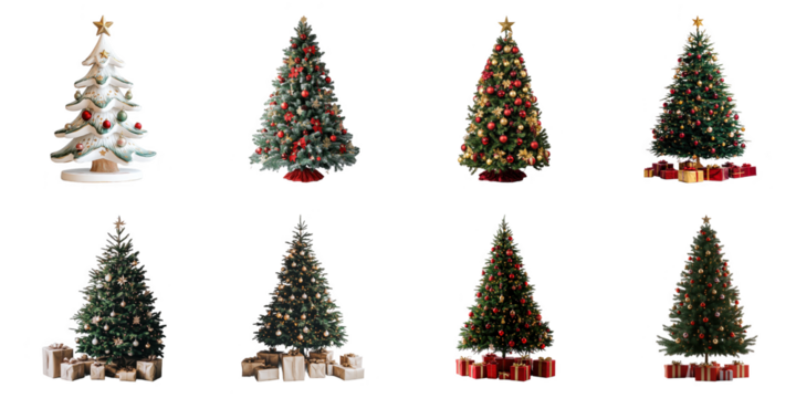Christmas tree transparent collection set in png no background for decoration.