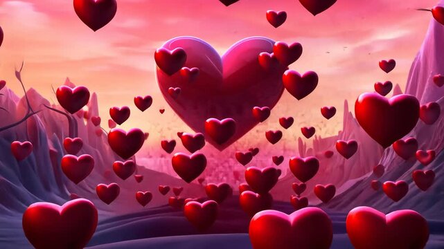 Valentine Day greeting card with surreal romantic landscape full of hearts