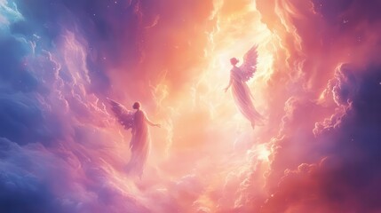 illustration of serene angels gracefully floating in a heavenly landscape, surrounded by soft clouds and ethereal light, evoking a sense of peace and spirituality