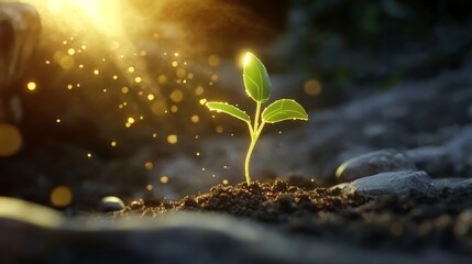 New Plant Growth Thrives, Sprouting Vibrantly from Rich Soil, Bathed in Sunlight and Sparkling with Life