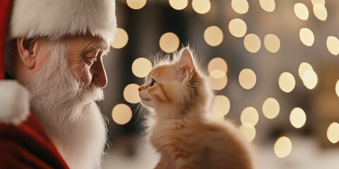 The profile of Santa Claus who is looking at a little red kitten. In the background, the side of the lights.