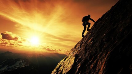 individual scaling a steep mountain, embodying resilience and determination, with a dramatic sunset backdrop highlighting the struggle and triumph of overcoming business challenges