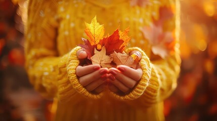individual in a cozy yellow sweater gently cradling vibrant autumn leaves, set against a backdrop of rich fall colors, capturing the essence of the season's warmth and beauty