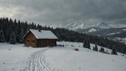 A wooden cabin sits on a snowy hillside, surrounded by dark evergreens and a snowy mountain range.