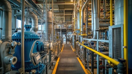 Fototapeta premium industrial scene featuring the intricate installation of chemical pipes, showcasing the complex network of connections in a manufacturing environment