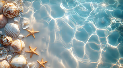 Serene beach scene with shells and starfish, shimmering water creating a tranquil coastal atmosphere.