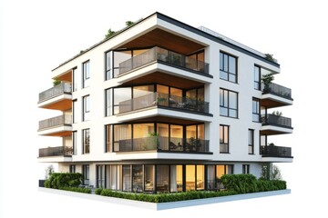 Obraz premium Modern apartment building design featuring large balconies and glass windows. This stylish structure showcases contemporary architecture and urban living. Generative AI