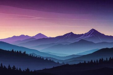 Fototapeta premium Flat Style Mountain Silhouettes in Gradient watercolor vector painting art illustration. 
