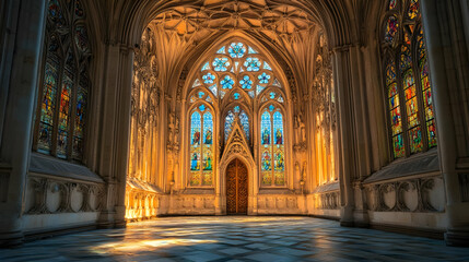 Stunning gothic architecture featuring stained glass windows and intricate details in a serene interior space.