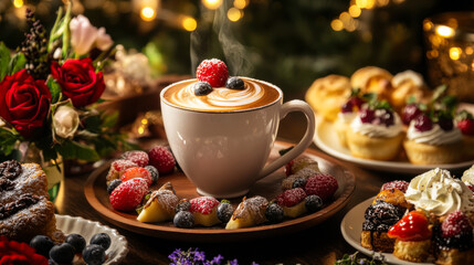 Fototapeta premium Delicious dessert spread with coffee and pastries set against a festive background with soft lighting