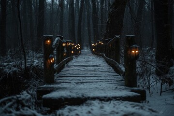wooden bridge in a forest, covered with snow and lit by tiny lanterns for a Fairy core Christmas vibe, minimal background with copy space