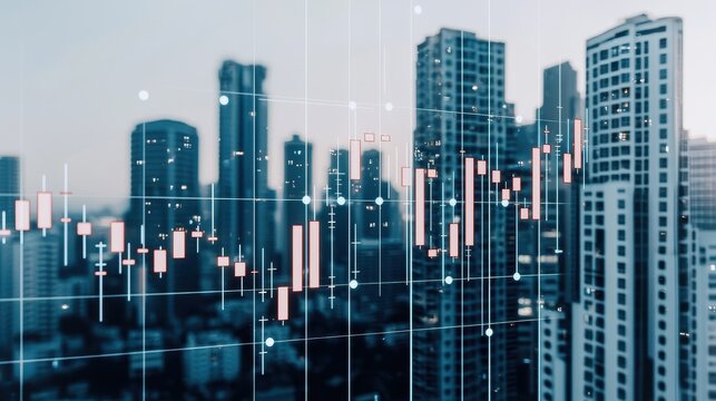 A skyline featuring tall buildings with a digital overlay of stock market data and candlestick charts, symbolizing financial growth and urban development.