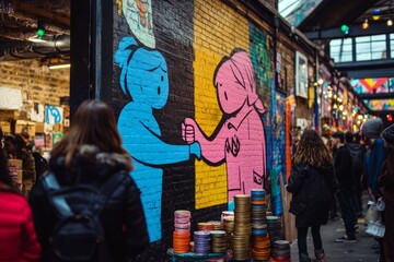 Fototapeta premium Colorful street art captures a moment between two characters. A vibrant expression of friendship and connection in an urban setting. Perfect for art lovers and creatives. Generative AI