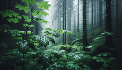 Close-up shot of green leaves on trees with rain droplets background of tall trees in a dense forest.