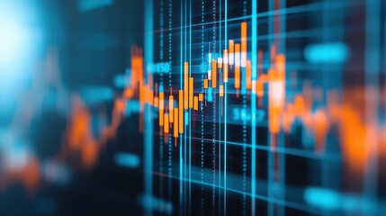 A dynamic representation of financial data with glowing orange graph lines and a dark blue background, illustrating market trends and analytics.