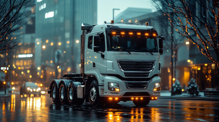 Fototapeta premium A modern truck parked on a rainy city street with glowing lights in the evening