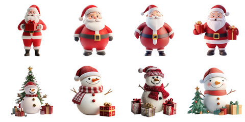 Santa claus and snowman png set collection in 3d transparent no background in christmas concept.