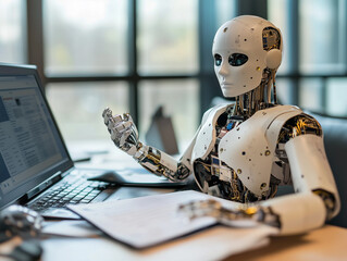 uturistic Robot Engaging with Technology in Modern Office