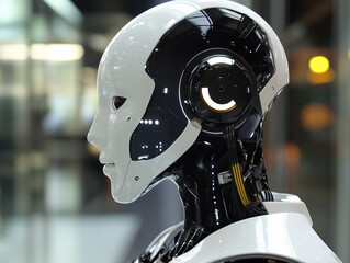 Close-Up of Futuristic Robots with Illuminated Lenses