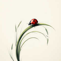 Naklejka premium Ladybug on Grass in Japanese Brush Calligraphy Style