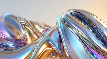 iridescent liquid metal shapes glimmer against a neutral background, showcasing smooth, bold forms that invoke a sense of futuristic design and innovation