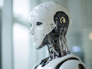 Close-Up of Futuristic Robots with Illuminated Lenses